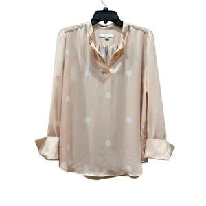 LOFT Polka dot Blouse Medium top Vneck blush pink white long sleeve French cuffs